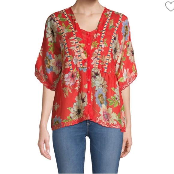 Johnny Was Tops - Johnny Was Ramona silk Coral Blouse
